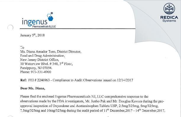 FDA 483 Response - Ingenus Pharmaceuticals NJ, LLC [Fairfield / United States of America] - Download PDF - Redica Systems