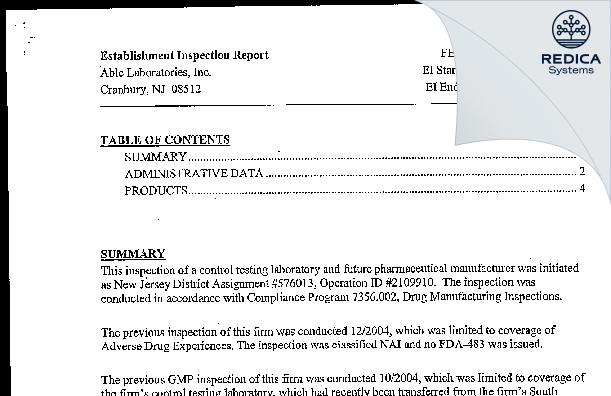 EIR - Able Laboratories, Inc. [Cranbury / United States of America] - Download PDF - Redica Systems