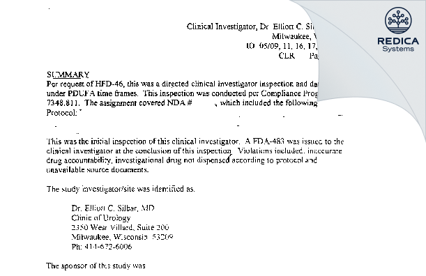EIR - Silbar, Dr. Elliot C., Clinical Investigator [Milwaukee / United States of America] - Download PDF - Redica Systems