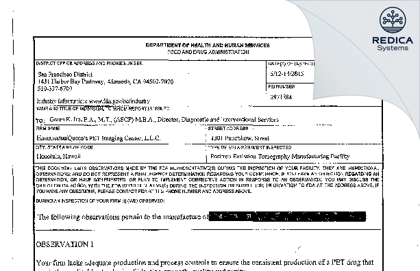 FDA 483 - Hamamatsu/Queen’s PET Imaging Center, LLC [Honolulu / United States of America] - Download PDF - Redica Systems