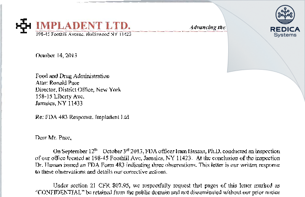 FDA 483 Response - Impladent Ltd. [Jamaica / United States of America] - Download PDF - Redica Systems
