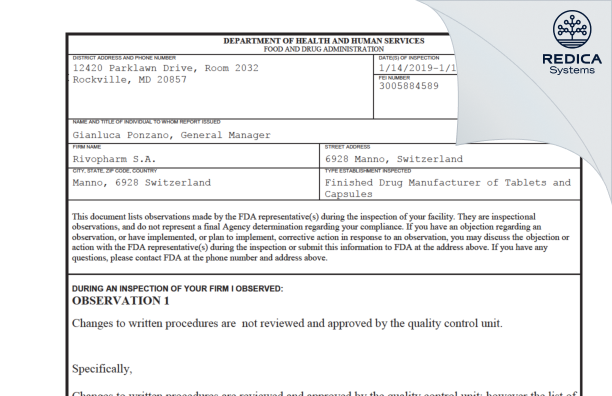 FDA 483 - RIVOPHARM SA [- / -] - Download PDF - Redica Systems
