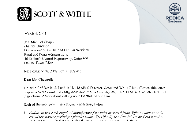 FDA 483 Response - Scott & White Memorial Hospital [Temple / United States of America] - Download PDF - Redica Systems