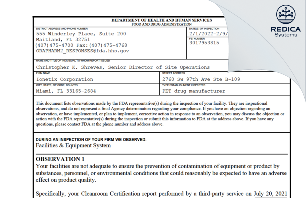 FDA 483 - Ionetix Corporation [Miami Florida / United States of America] - Download PDF - Redica Systems