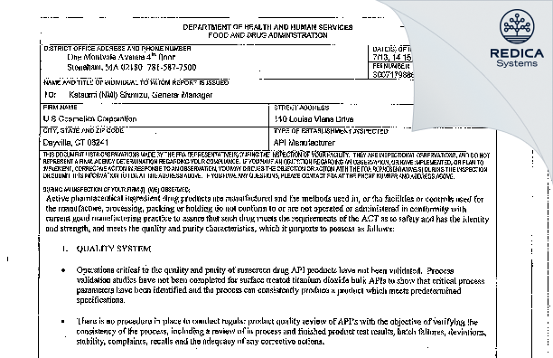 FDA 483 - Miyoshi America, Inc. [Dayville Connecticut / United States of America] - Download PDF - Redica Systems