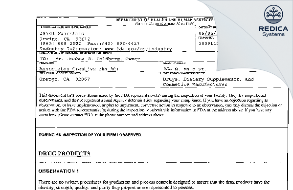FDA 483 - Associates Creative [Orange / United States of America] - Download PDF - Redica Systems