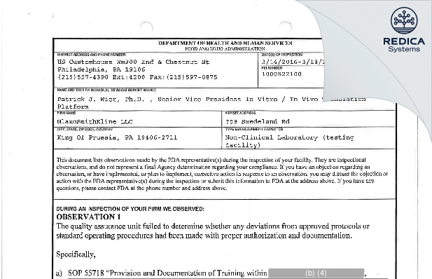 FDA 483 - GlaxoSmithKline LLC [King Of Prussia / United States of America] - Download PDF - Redica Systems