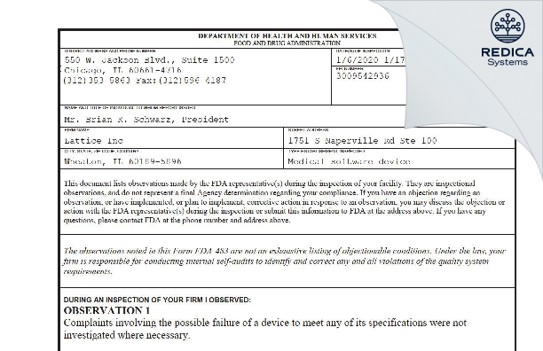 FDA 483 - Lattice Inc [Wheaton / United States of America] - Download PDF - Redica Systems