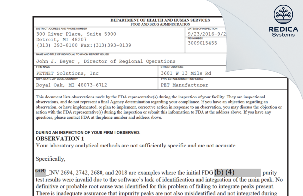 FDA 483 - PETNET SOLUTIONS, INC. [Royal Oak / United States of America] - Download PDF - Redica Systems
