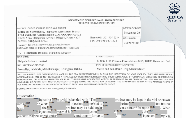 FDA 483 - SHILPA MEDICARE LIMITED [Jadcherla Mahabubnagar / India] - Download PDF - Redica Systems