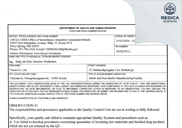 FDA 483 - Firson Co., Ltd. [Seobuk-Gu / -] - Download PDF - Redica Systems