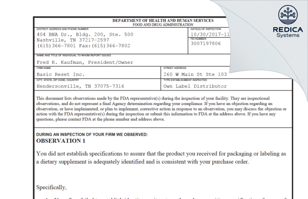 FDA 483 - Basic Reset Inc. [Madison / United States of America] - Download PDF - Redica Systems