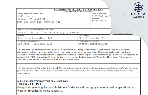 FDA 483 - Trinity Orthopedics, LLC [San Diego / United States of America] - Download PDF - Redica Systems