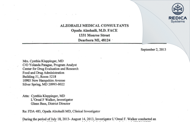 FDA 483 Response - Opada Alzohaili, M.D. [Dearborn / United States of America] - Download PDF - Redica Systems