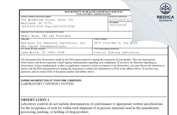 FDA 483 - Capzer Pharmaceuticals [Lake Worth Florida / United States of America] - Download PDF - Redica Systems