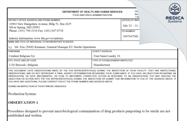 FDA 483 - Catalent Belgium SA [Brussels / Belgium] - Download PDF - Redica Systems