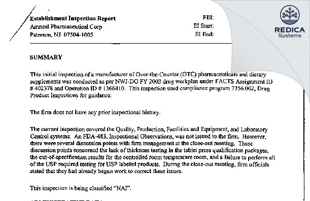 EIR - Amneal Pharmaceuticals, LLC [Paterson / United States of America] - Download PDF - Redica Systems