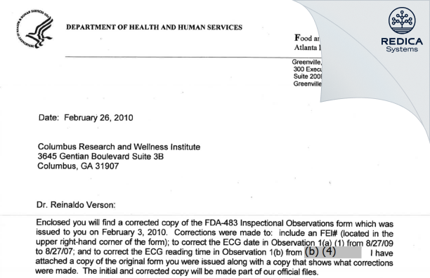 FDA 483 Response - Verson, Reinaldo D. [Columbus / United States of America] - Download PDF - Redica Systems