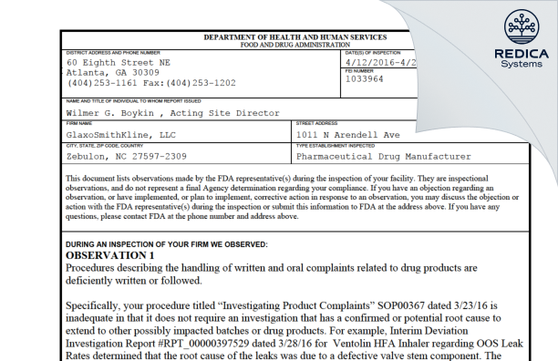 FDA 483 - GlaxoSmithKline LLC [Zebulon / United States of America] - Download PDF - Redica Systems