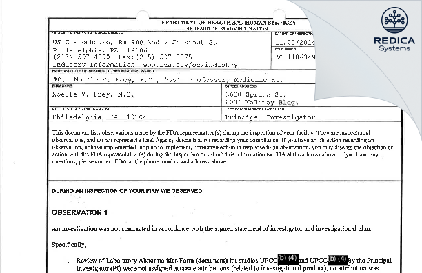 FDA 483 - Noelle V. Frey, M.D. [Philadelphia / United States of America] - Download PDF - Redica Systems