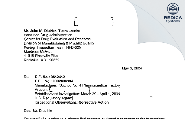 FDA 483 Response - Suzhou no. 4 Pharmaceutical Factory [Suzhou / China] - Download PDF - Redica Systems