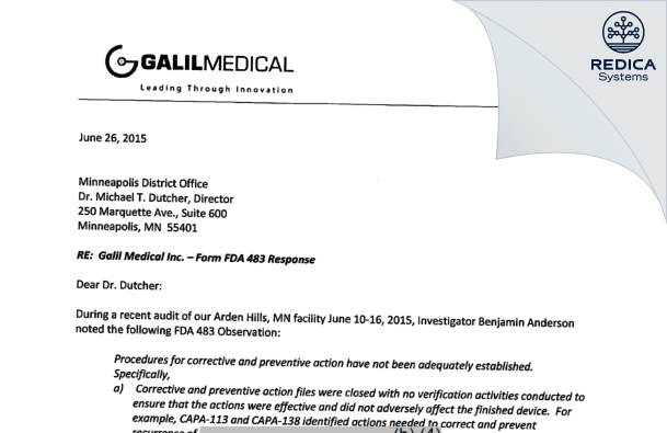 FDA 483 Response - Galil Medical, Inc. [Saint Paul / United States of America] - Download PDF - Redica Systems