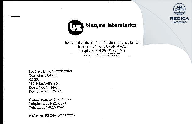 FDA 483 Response - Biozyme Laboratories Ltd. [South Wales / United Kingdom of Great Britain and Northern Ireland] - Download PDF - Redica Systems