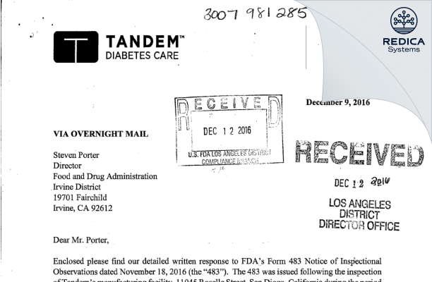 FDA 483 Response - Tandem Diabetes Care, Inc. [San Diego / United States of America] - Download PDF - Redica Systems