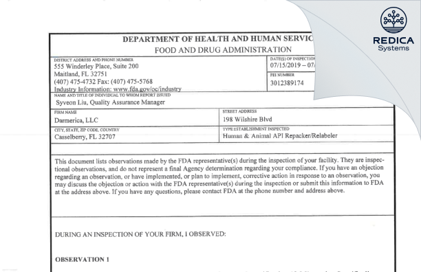FDA 483 - DARMERICA, LLC [Florida / United States of America] - Download PDF - Redica Systems