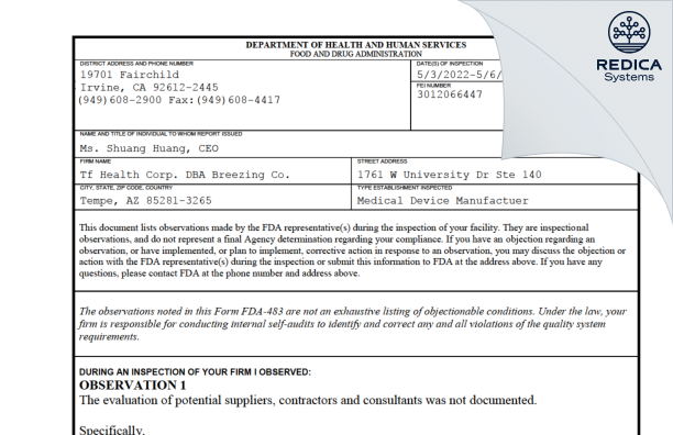 FDA 483 - Tf Health Corp. DBA Breezing Co. [Tempe / United States of America] - Download PDF - Redica Systems