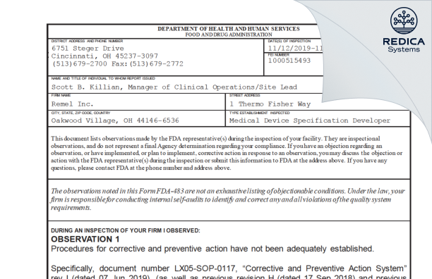 FDA 483 - Remel Inc. [Oakwood Village / United States of America] - Download PDF - Redica Systems