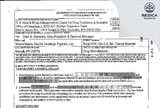 FDA 483 - Bristol-Myers Squibb Holdings Pharma, Ltd. Liability Company [Rico / United States of America] - Download PDF - Redica Systems