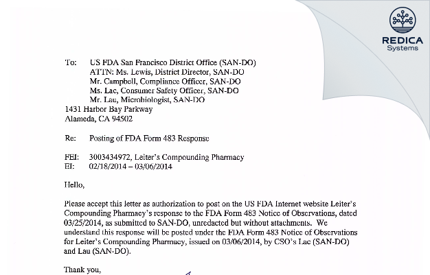 FDA 483 Response - Wedgewood Connect, LLC [San Jose / United States of America] - Download PDF - Redica Systems