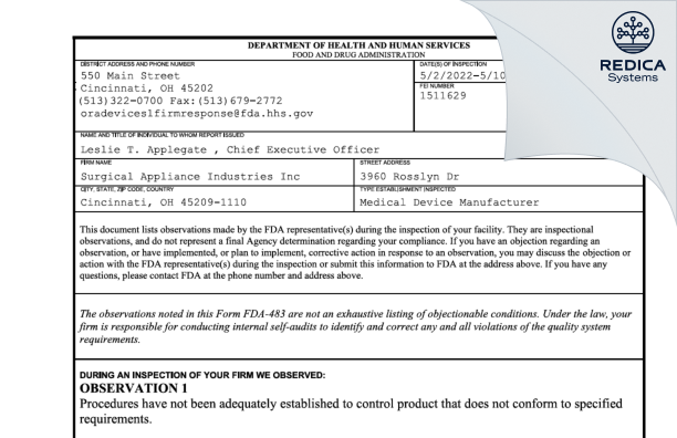 FDA 483 - Surgical Appliance Industries Inc [Cincinnati / United States of America] - Download PDF - Redica Systems