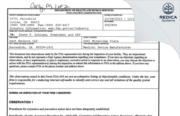 FDA 483 - Zest Anchors LLC [Escondido / United States of America] - Download PDF - Redica Systems