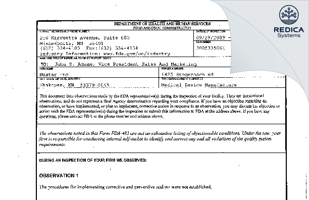 FDA 483 - Nustar Inc [Shakopee / United States of America] - Download PDF - Redica Systems
