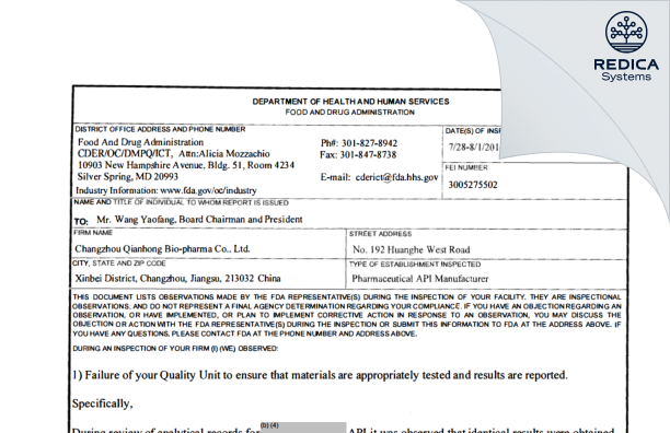 FDA 483 - Changzhou Qianhong Bio Pharma Co., Ltd [China / China] - Download PDF - Redica Systems
