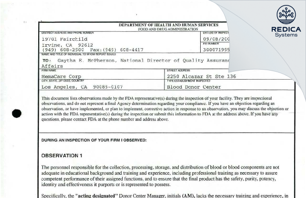 FDA 483 - Hemacare Corp [Los Angeles / United States of America] - Download PDF - Redica Systems