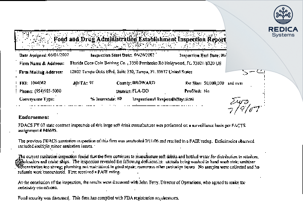 EIR - COCA-COLA BEVERAGES FLORIDA, LLC [Hollywood / United States of America] - Download PDF - Redica Systems