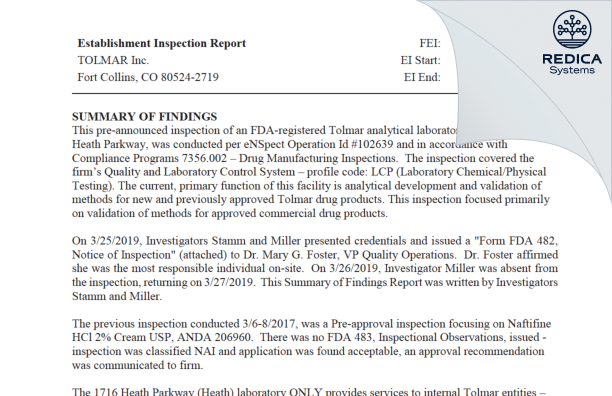 EIR - TOLMAR Inc. [Fort Collins / United States of America] - Download PDF - Redica Systems