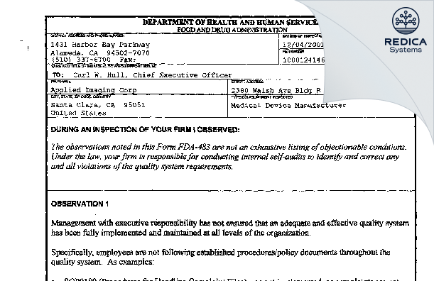 FDA 483 - Genetix Corp. [San Jose / United States of America] - Download PDF - Redica Systems
