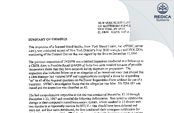 EIR - New York Blood Center, Inc. [York / United States of America] - Download PDF - Redica Systems