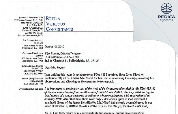 FDA 483 Response - Bernard H. Doft, M.D. [Monroeville / United States of America] - Download PDF - Redica Systems