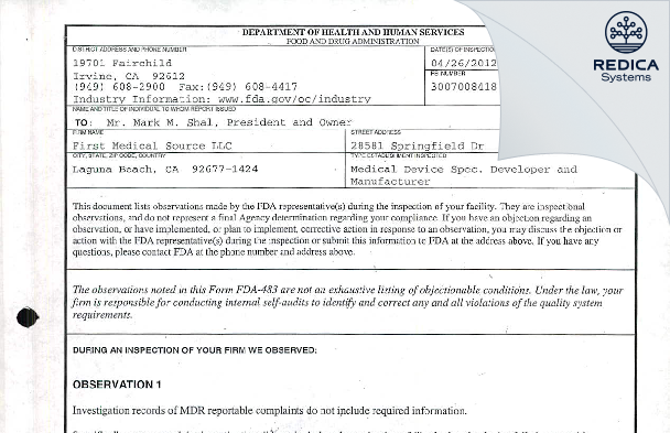 FDA 483 - First Medical Source LLC [Laguna Niguel / United States of America] - Download PDF - Redica Systems