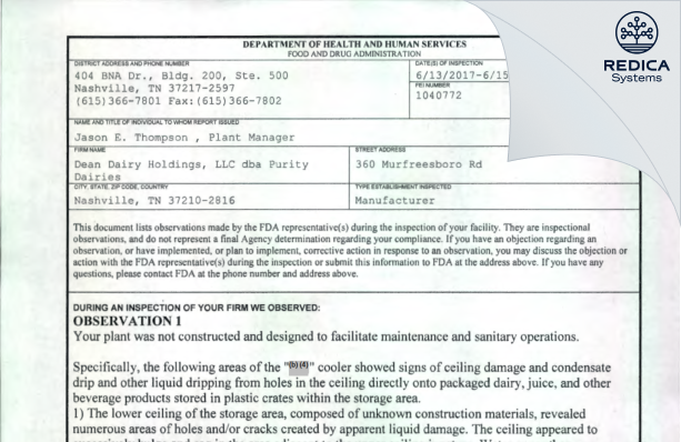 FDA 483 - DFA Dairy Brands Fluid, LLC [Nashville / United States of America] - Download PDF - Redica Systems