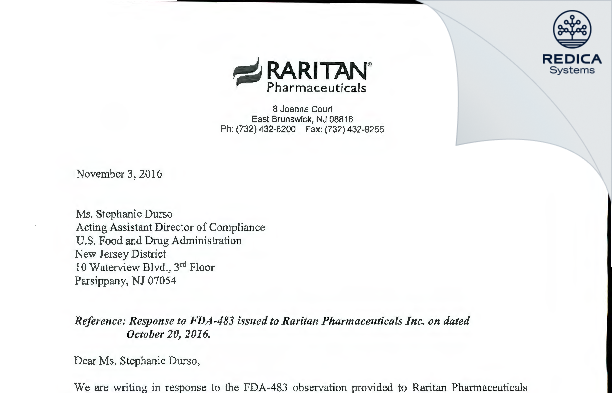 FDA 483 Response - RARITAN PHARMACEUTICALS INCORPORATED [Jersey / United States of America] - Download PDF - Redica Systems