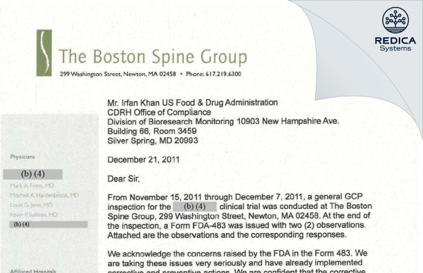 FDA 483 Response - Jenis, Louis G., M.D. [Newton / United States of America] - Download PDF - Redica Systems