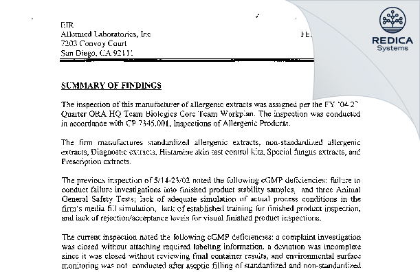 EIR - Allermed Laboratories, Inc. [San Diego / United States of America] - Download PDF - Redica Systems