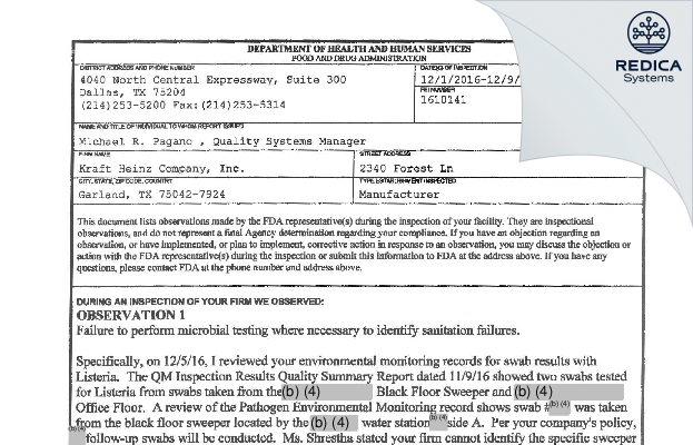 FDA 483 - Kraft Heinz Company [Garland / United States of America] - Download PDF - Redica Systems