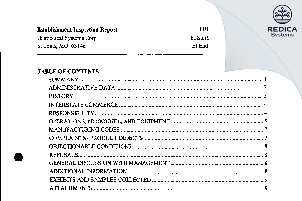 EIR - Biomedical Systems Corp [Maryland Heights / United States of America] - Download PDF - Redica Systems